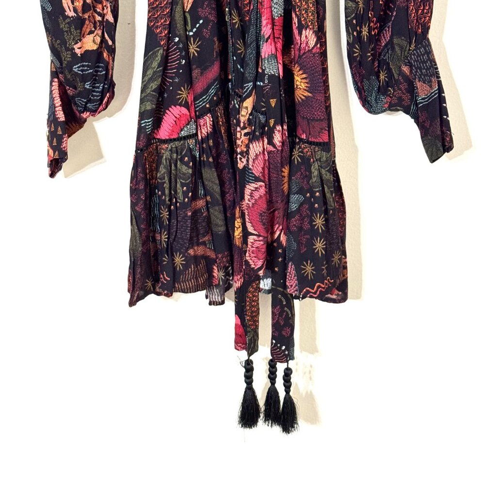 Farm Rio River Creatures Black Floral Mini Dress Tie Belt Button Front Tassels - Picture 3 of 16